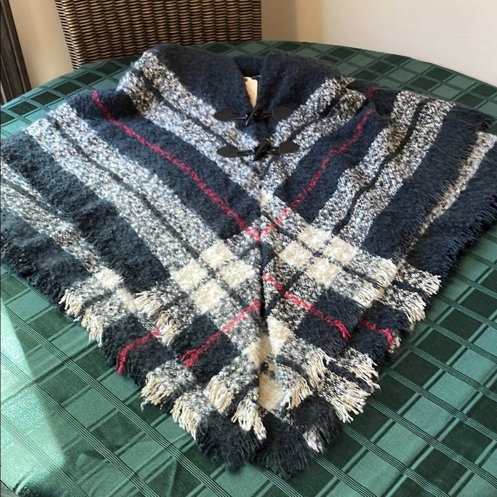 Plaid Knit Poncho with Fringe